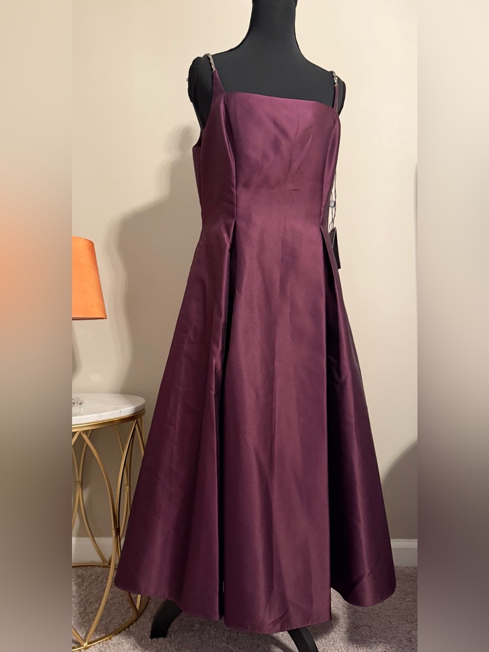 Adrianna Papell Wine-Purple Spaghetti Strap A-Line Gown